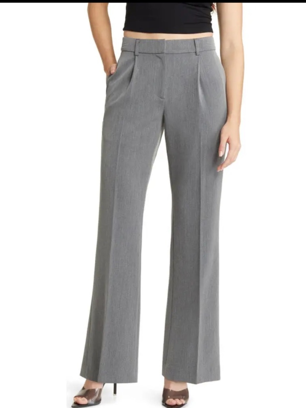 Open Edit Heather Grey Pleated Mid Rise Wide Leg Office Chic Trouser Slacks XS